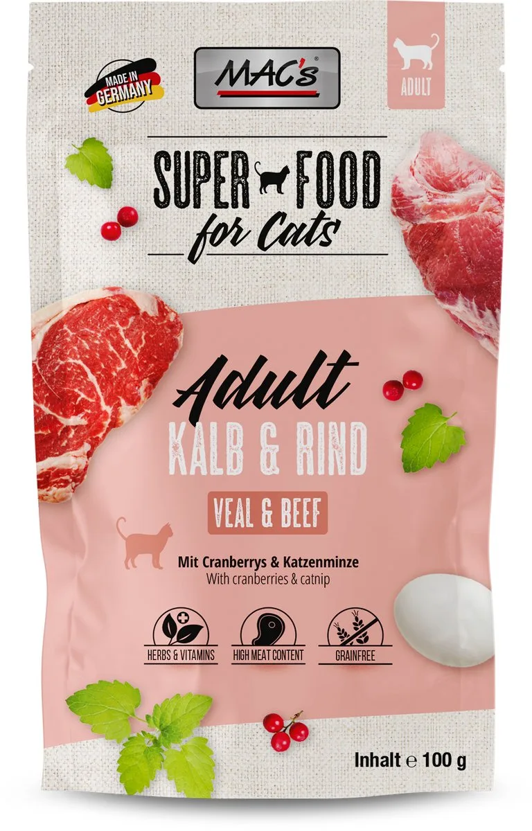 Kattenvoer Natvoer Maaltijdzakjes - Kalf en Rund - 12 x 100g de MAC's – photo produit