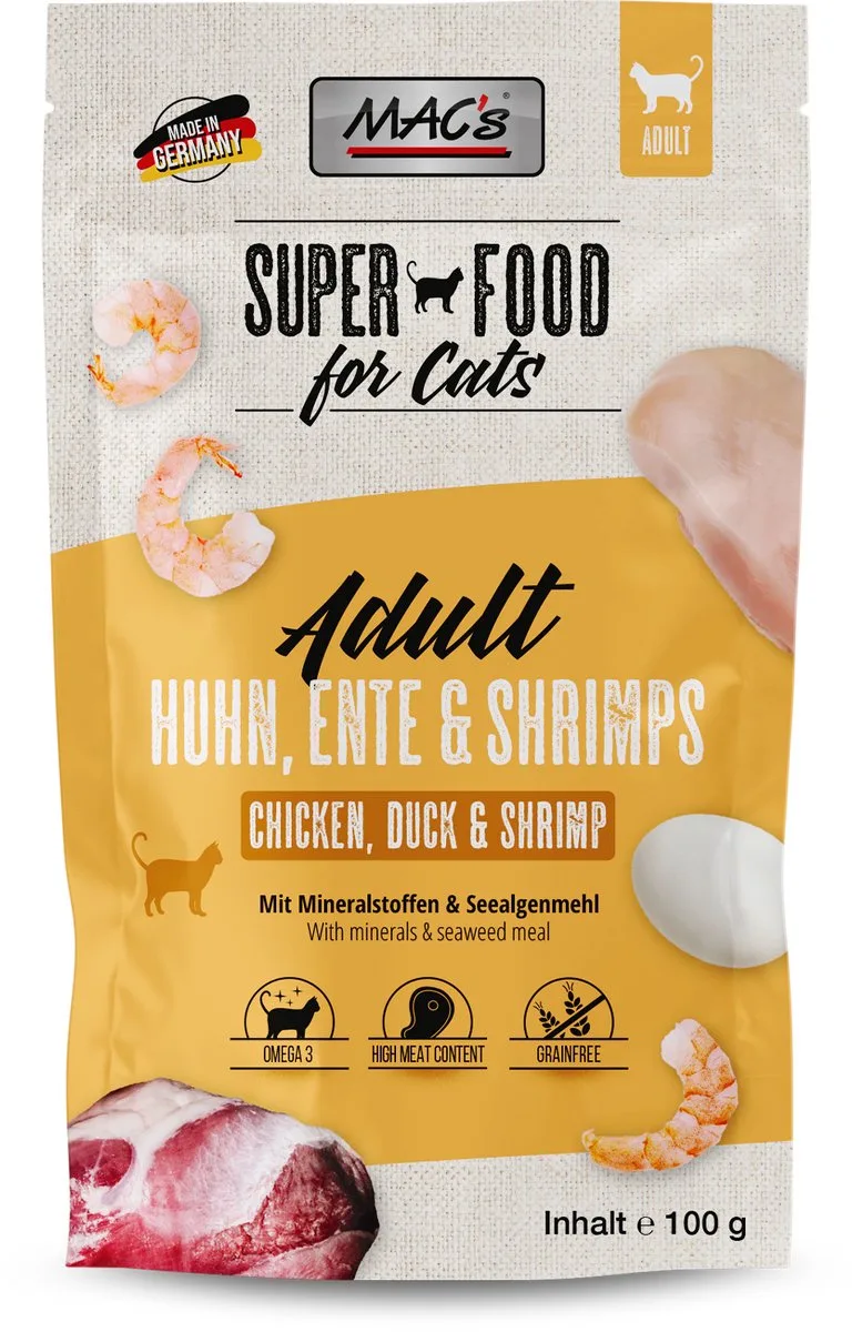 Kattenvoer Natvoer Maaltijdzakjes - Kip, eend en Garnalen - 12 x 100g de MAC's – photo produit