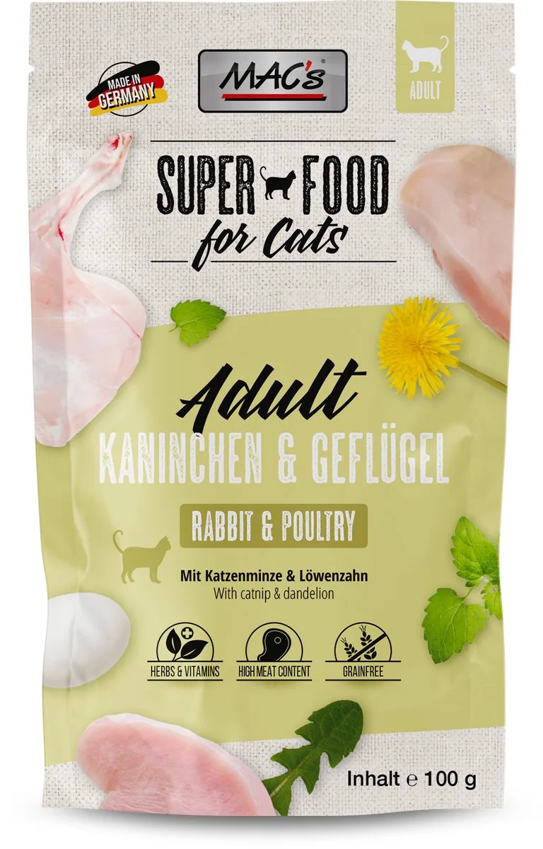 Kattenvoer Natvoer Maaltijdzakjes - Konijn en Gevogelte - 12 x 100g fra MAC's – produktbillede