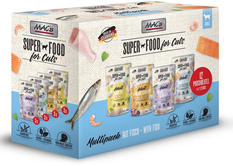 Kattenvoer Natvoer Maaltijdzakjes - Mixpack Vis & Vlees - 12 x 100g de MAC's – photo produit