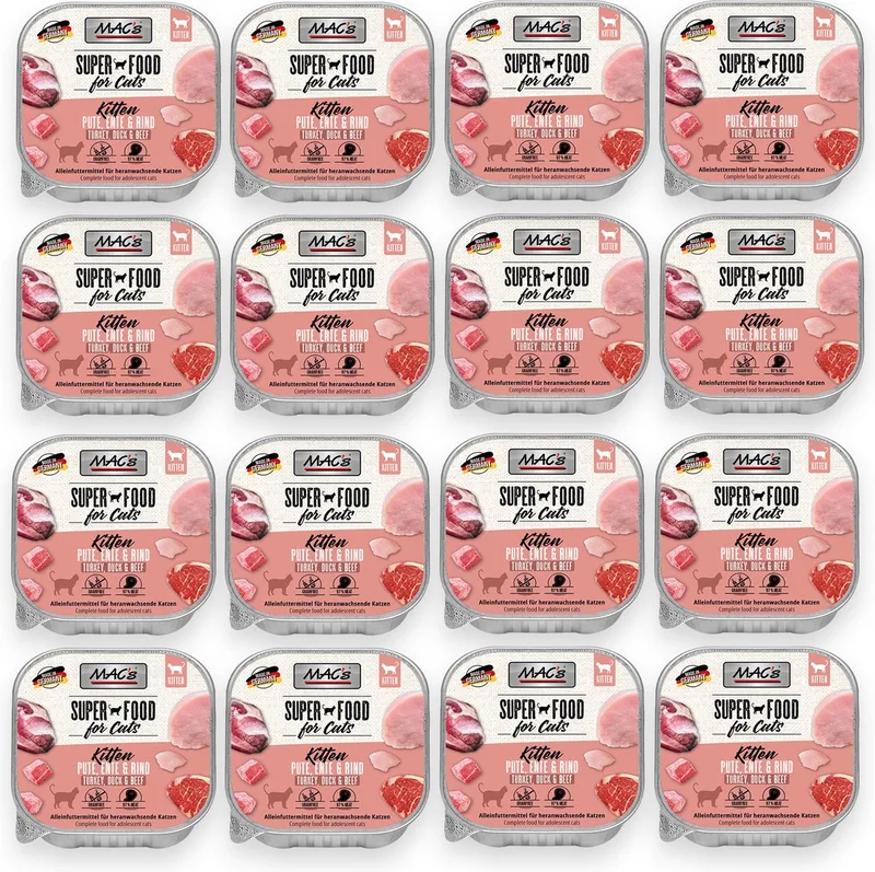 Kittenvoer kuipje 97% vlees - Kalkoen, eend en rund 16 x 100g von MAC's – Produktfoto