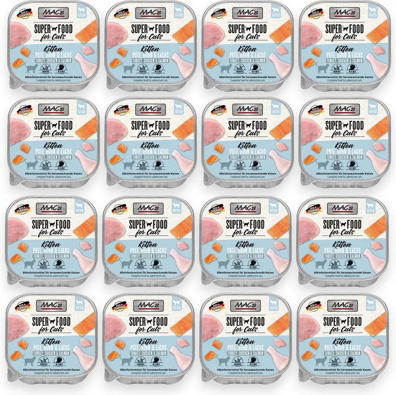 Kittenvoer kuipje 98% vlees - Kalkoen, kip en zalm 16 x 100g von MAC's – Produktfoto