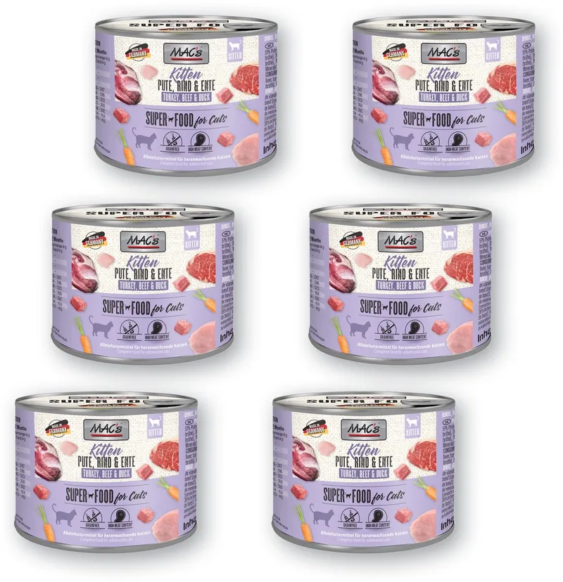 Kittenvoer Natvoer Blik 97% Kalkoen, Rund en Eend 6 x 200g von MAC's – Produktfoto