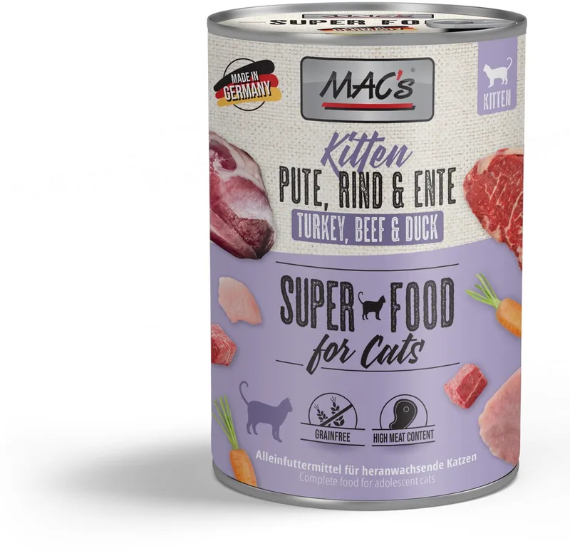 Kittenvoer Natvoer Blik 97% Kalkoen, Rund en Eend 6 x 400g de MAC's – photo produit