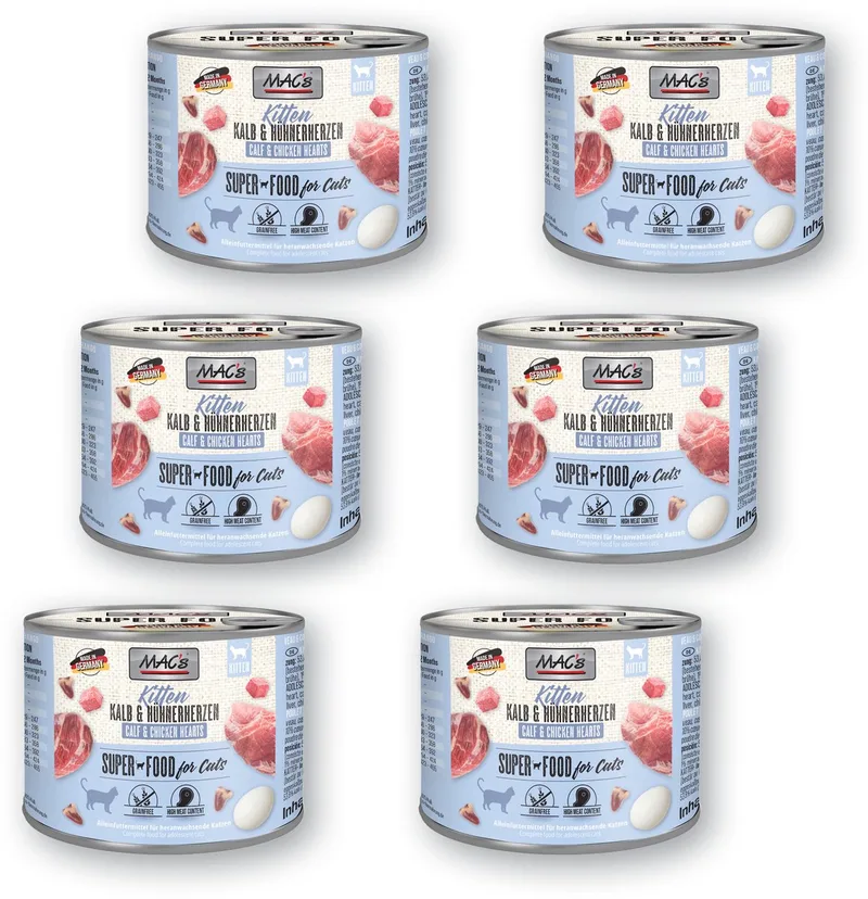 Kittenvoer Natvoer Blik 98,9% Kalf & Kippenhartjes 6 x 200g by MAC's – product photo