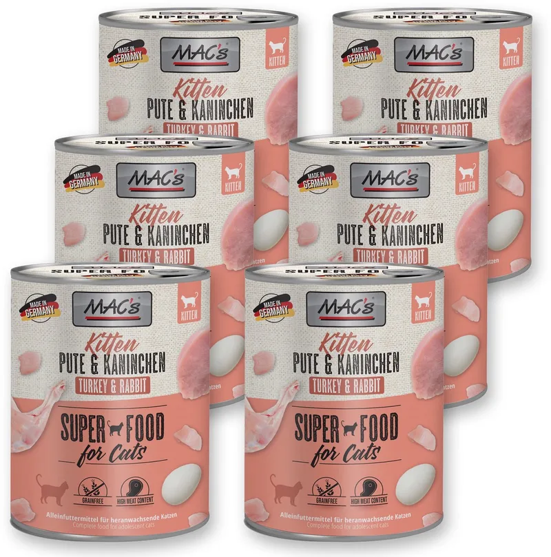 Kittenvoer Natvoer Blik 98.9% Kalkoen & Konijn 6 x 800g fra MAC's – produktbillede