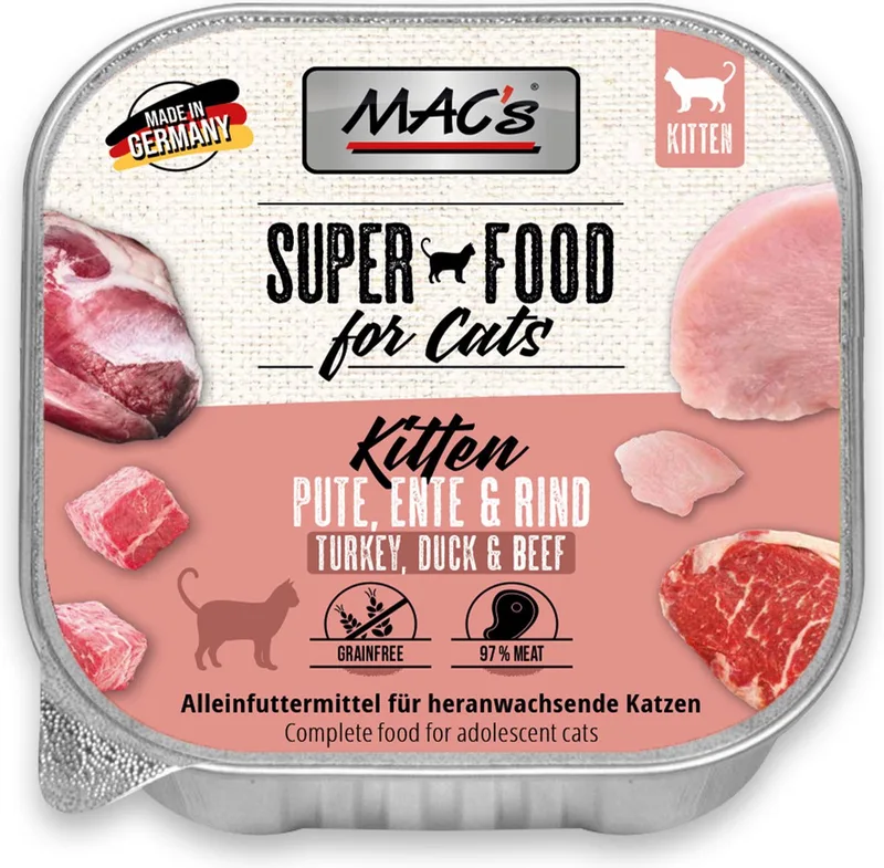 Kittenvoer Natvoer - vlees kuipje 97% Kalkoen, eend en rund 8 x 100g de MAC's – photo produit