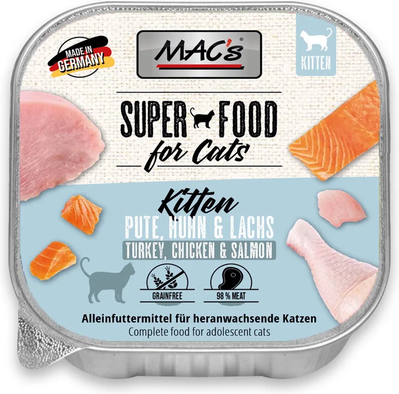 Kittenvoer Natvoer - vlees kuipje 98% Kalkoen, kip en zalm 8 x 100g de MAC's – photo produit