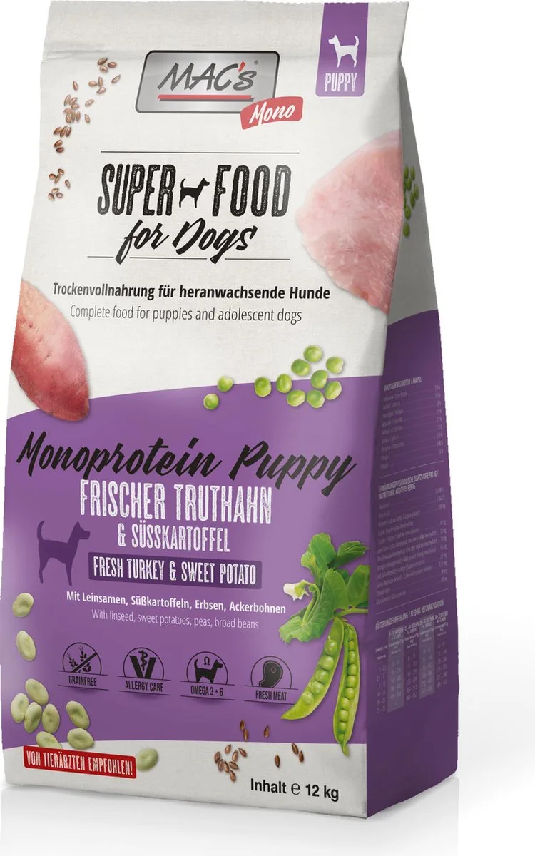 Superfood Hondenvoer Puppyvoer - Mono Kalkoen - 12kg - Hondenbrokken de MAC's – photo produit