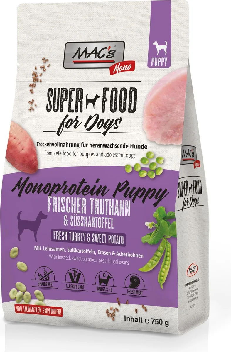 Superfood Hondenvoer Puppyvoer - Mono Kalkoen - 750g - Hondenbrokken de MAC's – photo produit