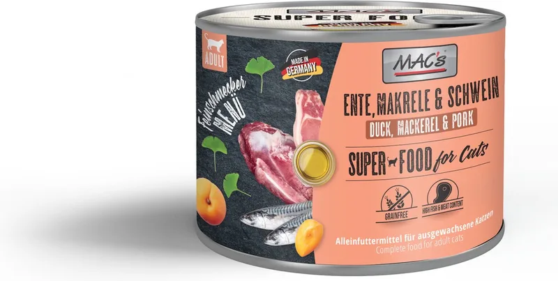 Superfood Kattenvoer Fijnproever Natvoer Blik - Eend, Makreel & Varkensvlees 6x 200g - zeer hoog vleesgehalte van 96,8% by MAC's – product photo
