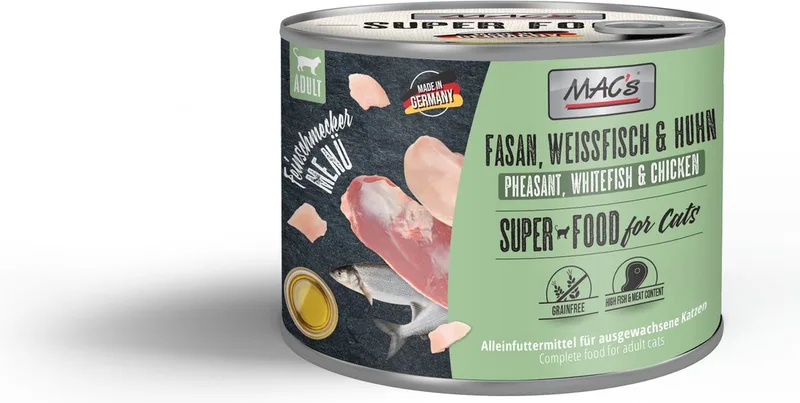superfood kattenvoer Fijnproever Natvoer Blik - Fazant & Witte Vis met Kip 6x 200g - hoog vers vleesgehalte van 98,9% fra MAC's – produktbillede