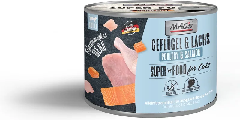Superfood Kattenvoer Fijnproever Natvoer Blik - Gevogelte & Zalm 6x 200g - vers vleesgehalte 99% von MAC's – Produktfoto