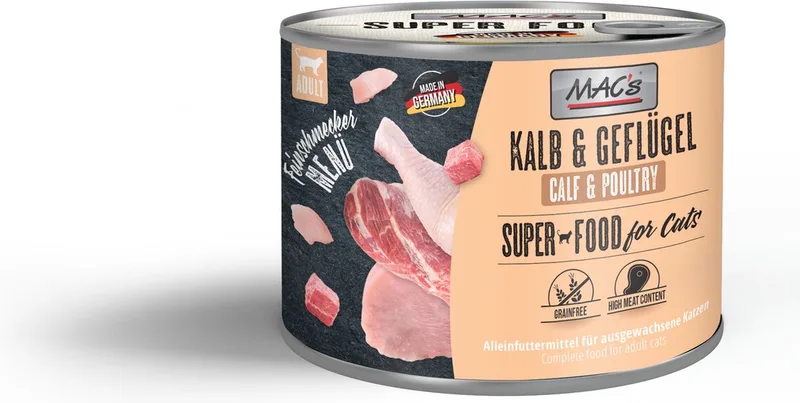 Superfood Kattenvoer Fijnproever Natvoer Blik - Kalf & Gevogelte 6x 200g - vers vleesgehalte 99% von MAC's – Produktfoto