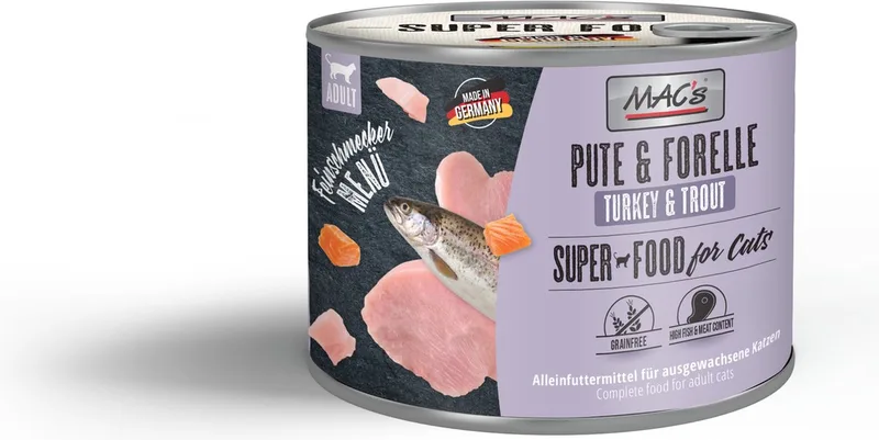 Superfood Kattenvoer Fijnproever Natvoer Blik - Kalkoen & Forel 6x 200g met hoog vers vleesgehalte 99% de MAC's – photo produit