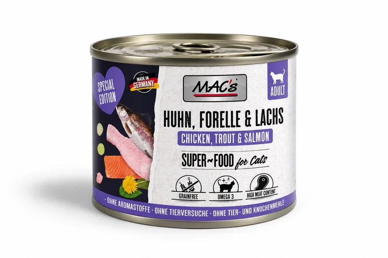 Superfood Kattenvoer Fijnproever Natvoer Blik - Kip, Forel, Zalm 6x 200g hoog vers vleesgehalte van 99% de MAC's – photo produit