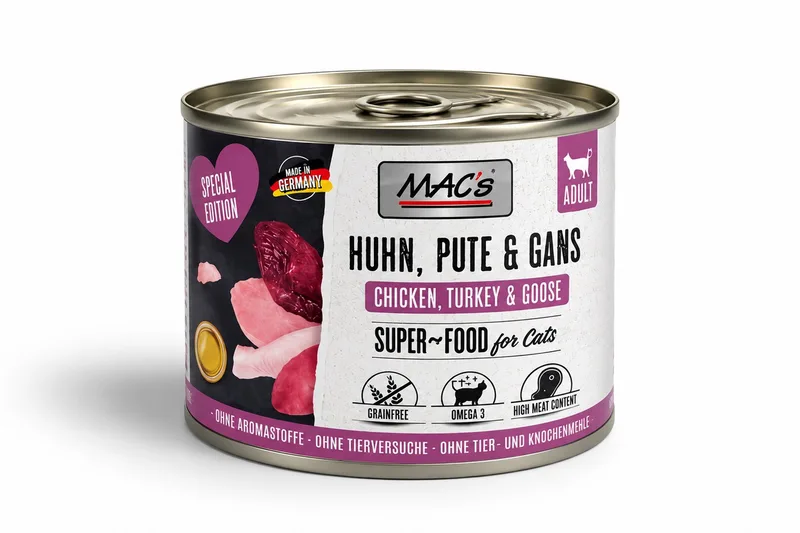 Superfood Kattenvoer Fijnproever Natvoer Blik - Kip, Kalkoen, Gans 6x 200g hoog vers vleesgehalte van 99% von MAC's – Produktfoto