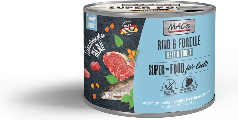 superfood kattenvoer - Fijnproever Natvoer Blik - Rund & Forel 6x 200g - hoog vers vleesgehalte 98,4% by MAC's – product photo