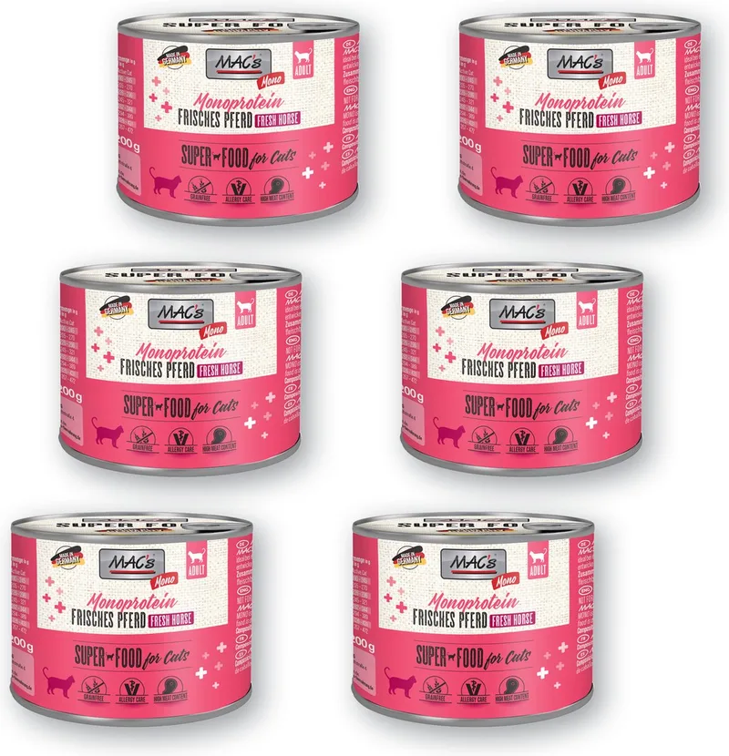 Superfood Kattenvoer Mono-proteïne – 99% Paardenvlees – 6 x 200g blikken natvoer by MAC's – product photo