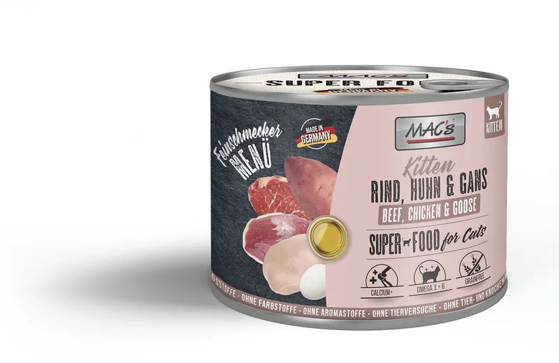 superfood kittenvoer Fijnproever Natvoer Blik - Rund, Kip & Gans 6x 200g - hoog vers vleesgehalte van 96,6% de MAC's – photo produit