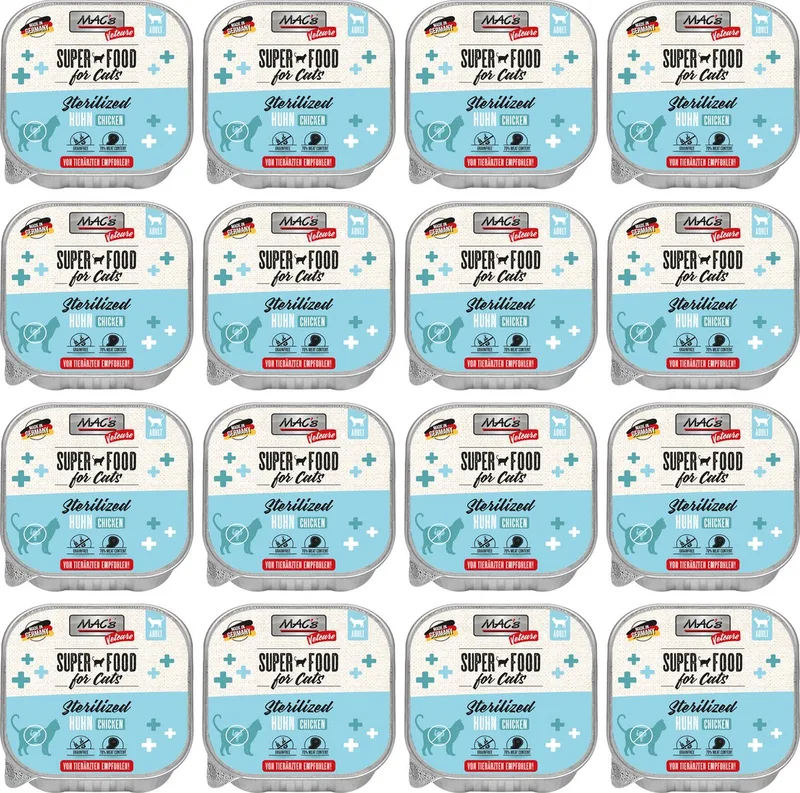 Vetcare Kattenvoer - gesteriliseerde kat - 68% Kippenvlees - 16 x 100g de MAC's – photo produit