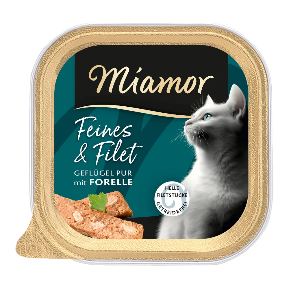 Voordeelpakket: 32x 100g Miamor Feines & Filet Gevogelte Pur & Forel natvoer voor katten van Miamor – productfoto