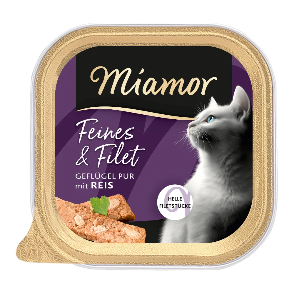 Voordeelpakket: 32x 100g Miamor Feines & Filet Gevogelte Pur & Rijst nat kattenvoer van Miamor – productfoto