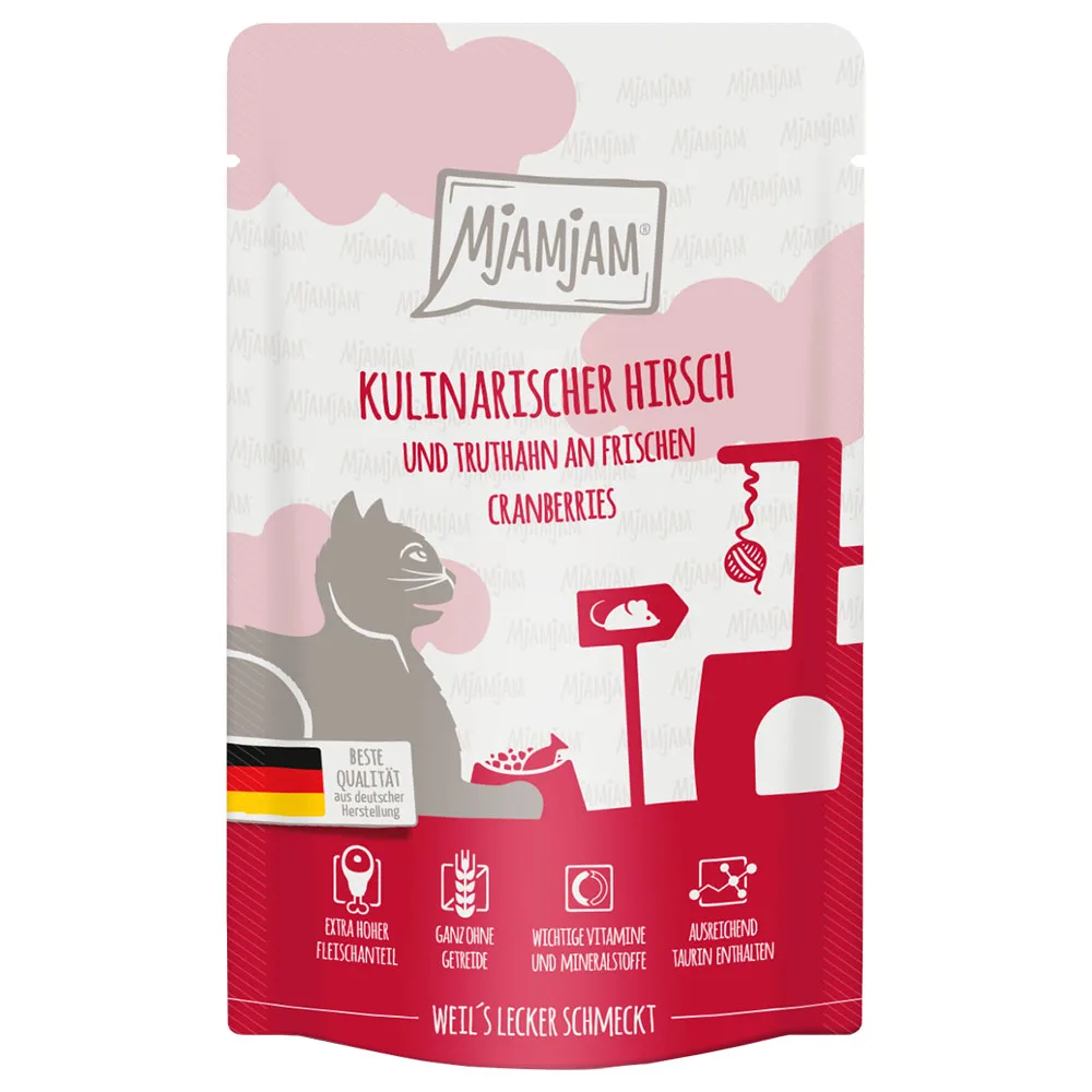 12x125g MjAMjAM Culinair hertenvlees en kalkoen op verse veenbessen Nat Kattenvoer by MjAMjAM – product photo