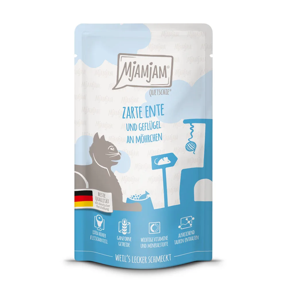 12x125g MjAMjAM Quetschie Eend & Gevogelte nat kattenvoer by MjAMjAM – product photo