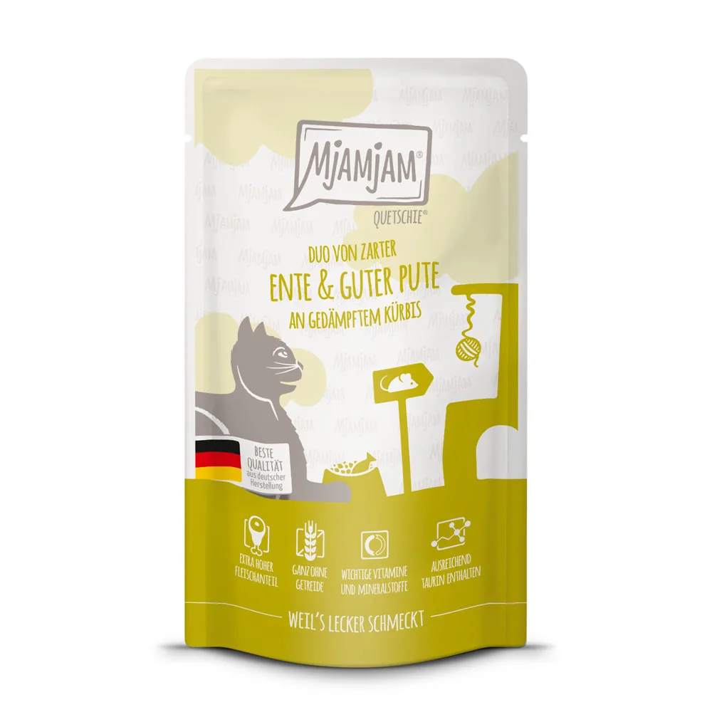 12x125g MjAMjAM Quetschie Eend & Kalkoen nat kattenvoer de MjAMjAM – photo produit