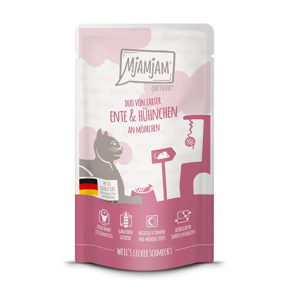 12x125g MjAMjAM Quetschie Eend & Kip nat kattenvoer de MjAMjAM – photo produit