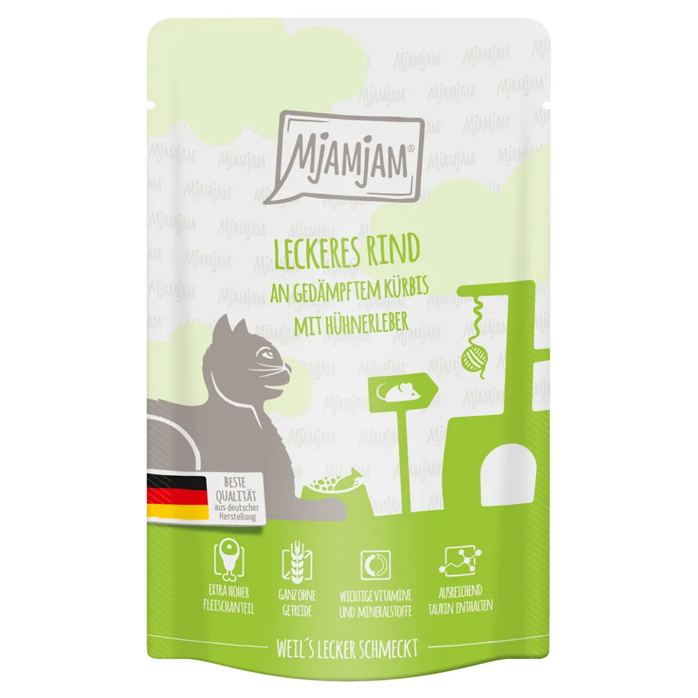 12x125g MjAMjAM Quetschie Heerlijk Rundvlees op Gestoomde Pompoen Kattenvoer Nat de MjAMjAM – photo produit