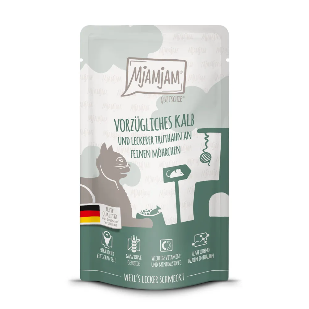 12x125g MjAMjAM Quetschie Kalf & Kalkoen nat kattenvoer by MjAMjAM – product photo