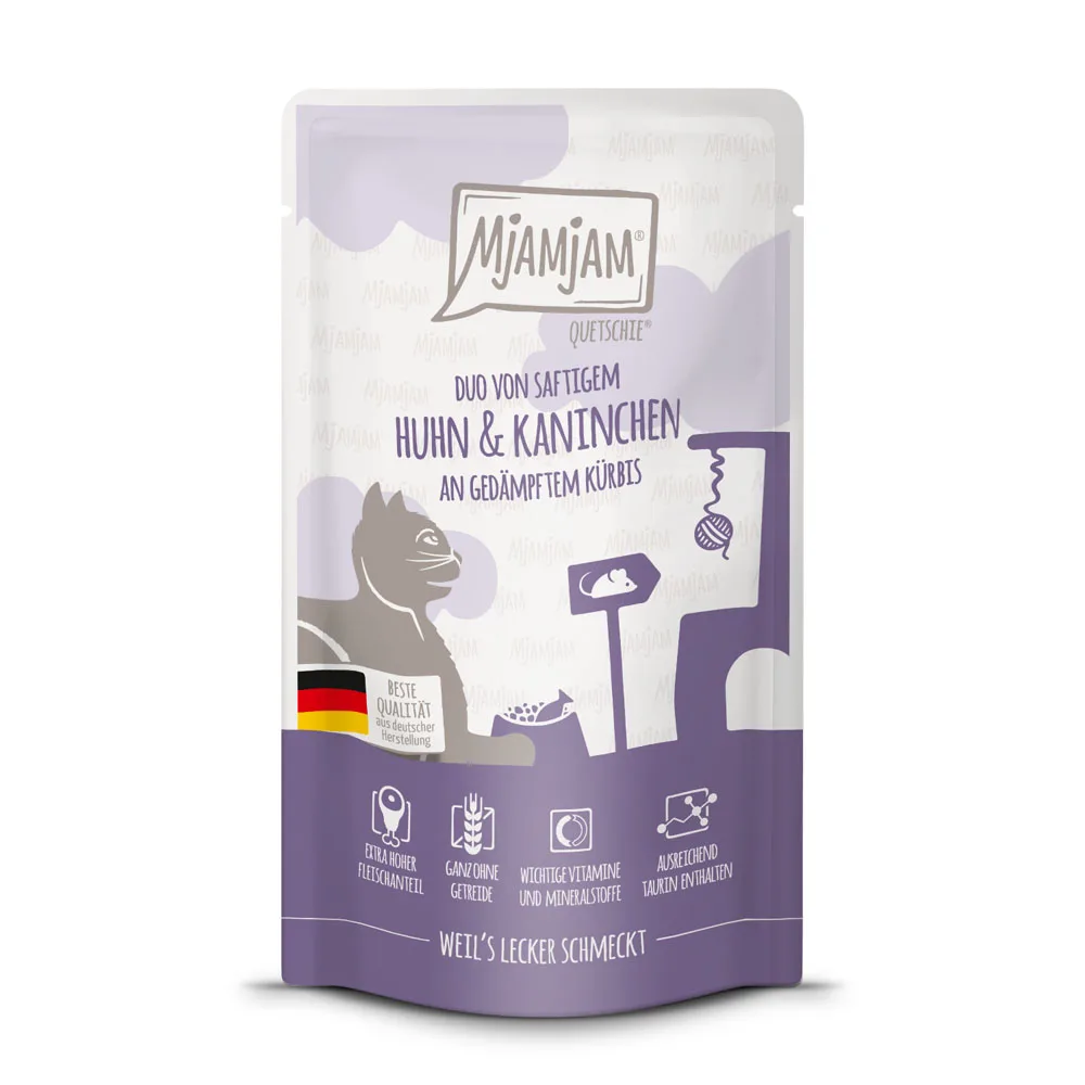 Duo Quetschie Nourriture humide pour chats Poulet lapin courge 125 g de MjAMjAM – photo produit