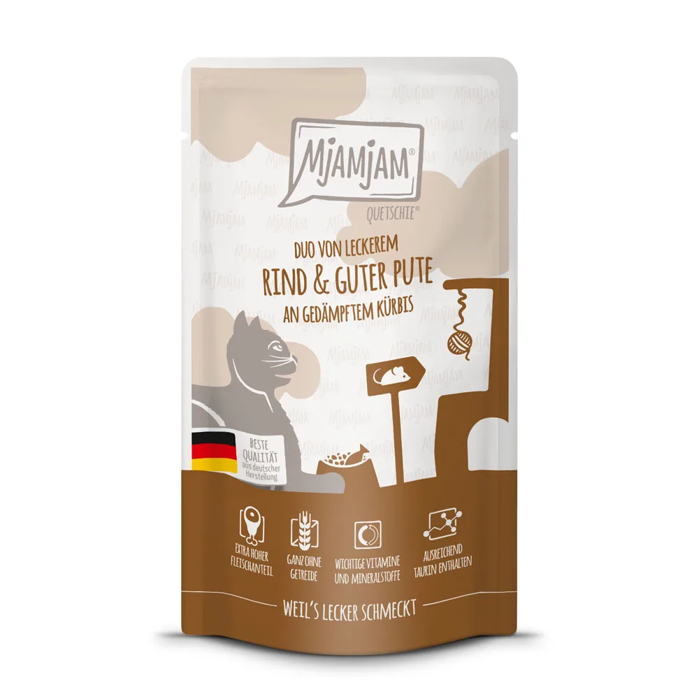 12x125g MjAMjAM Quetschie Rund & Kalkoen nat kattenvoer de MjAMjAM – photo produit