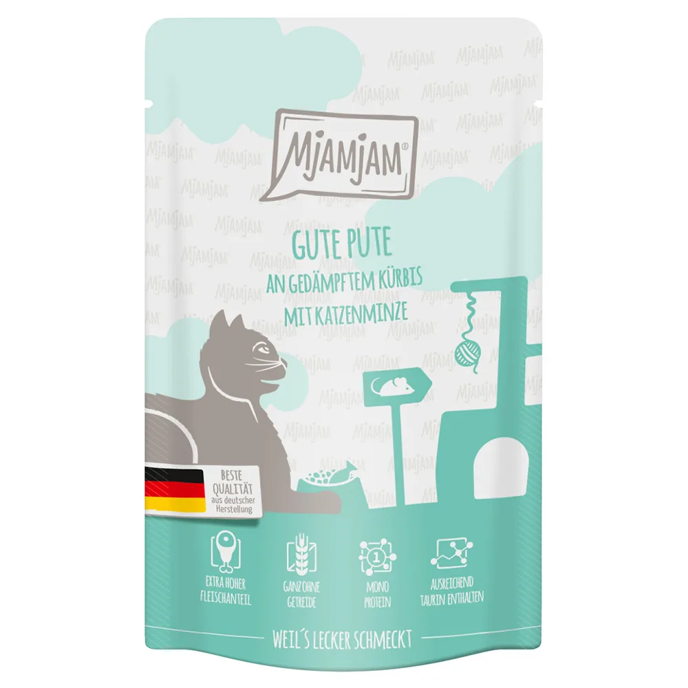 24x125g MjAMjAM Quetschie Lekkere kalkoen met gestoomde pompoen nat kattenvoer van MjAMjAM – productfoto