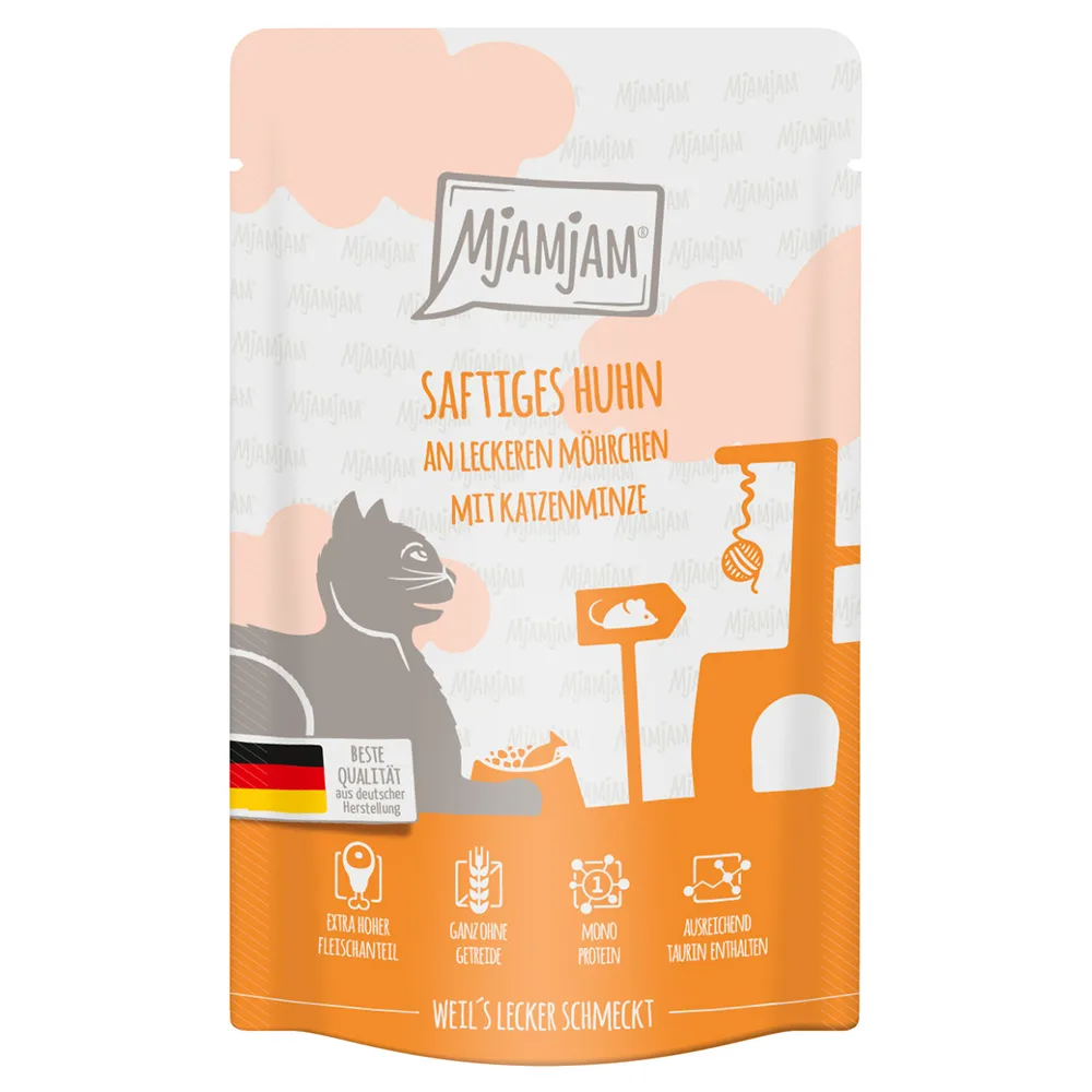 24x125g MjAMjAM Quetschie Sappige Kip op Lekkere Wortels Kattenvoer Nat van MjAMjAM – productfoto
