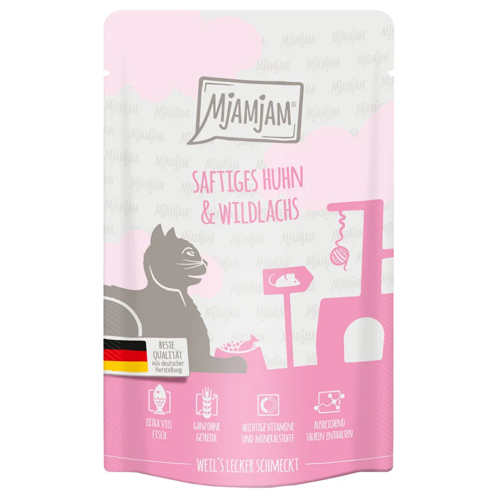 24x125g MjAMjAM Sappige kip en wilde zalm nat kattenvoer van MjAMjAM – productfoto