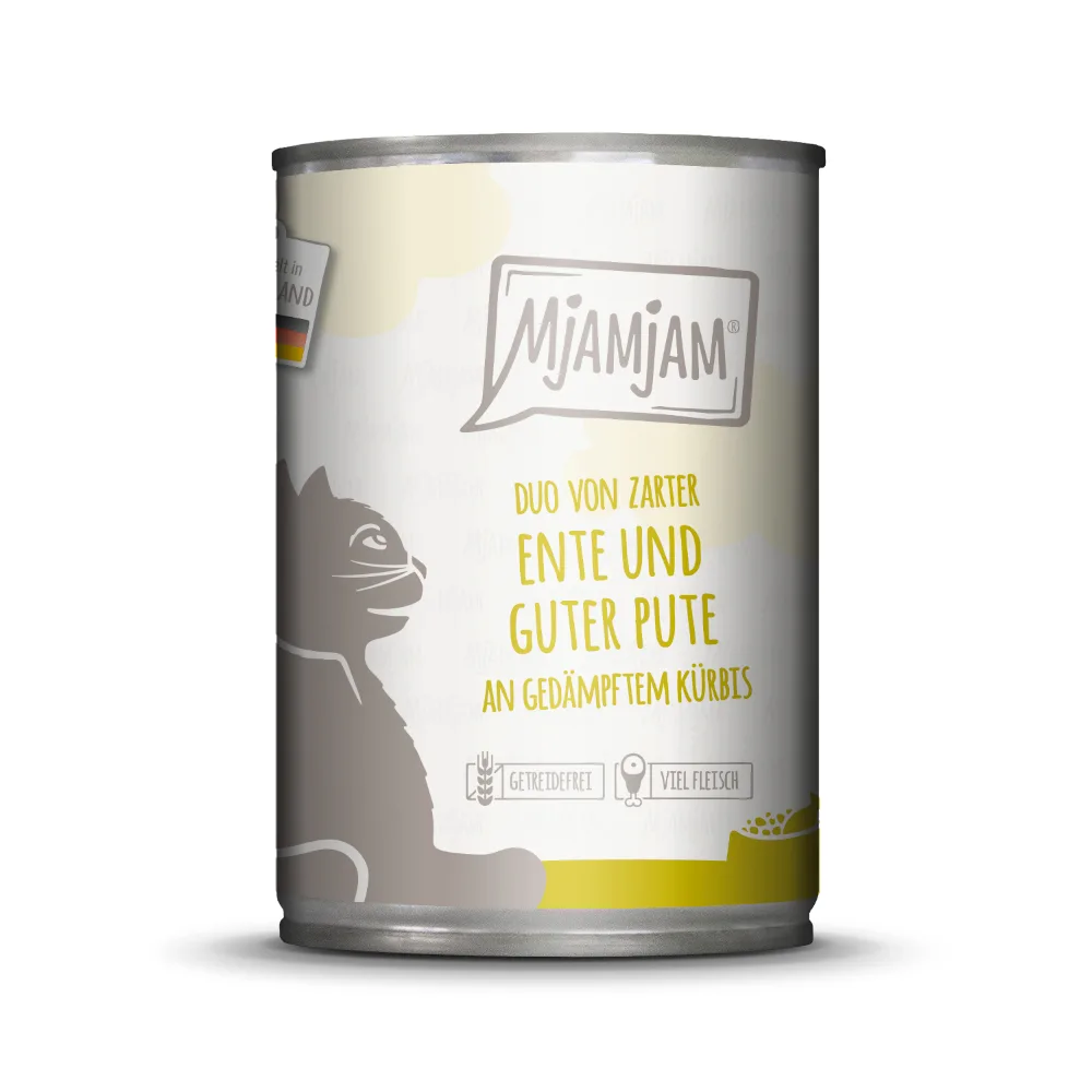 24x400g MjAMjAM Duo malse eend & goede kalkoen met gestoomde pompoen nat kattenvoer van MjAMjAM – productfoto