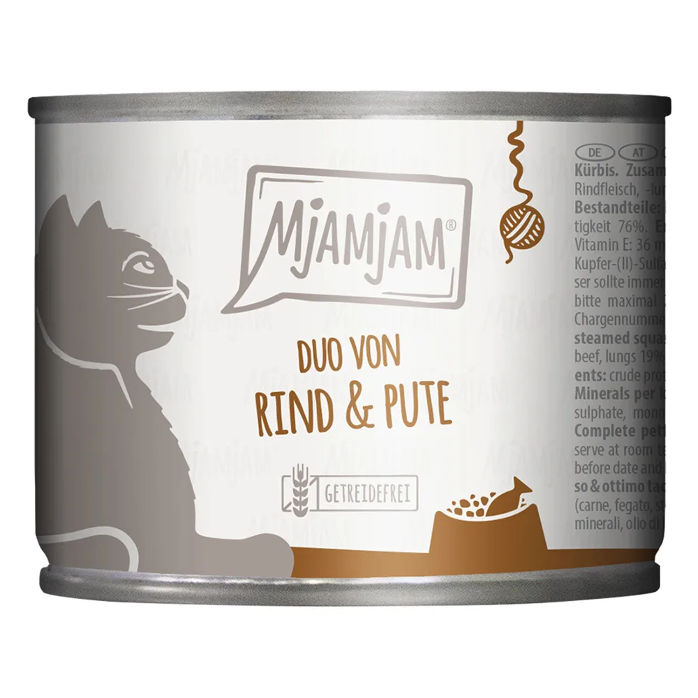 6x 200g MjAMjAM Duo heerlijk rund & goede kalkoen op gestoomde pompoen nat kattenvoer de MjAMjAM – photo produit