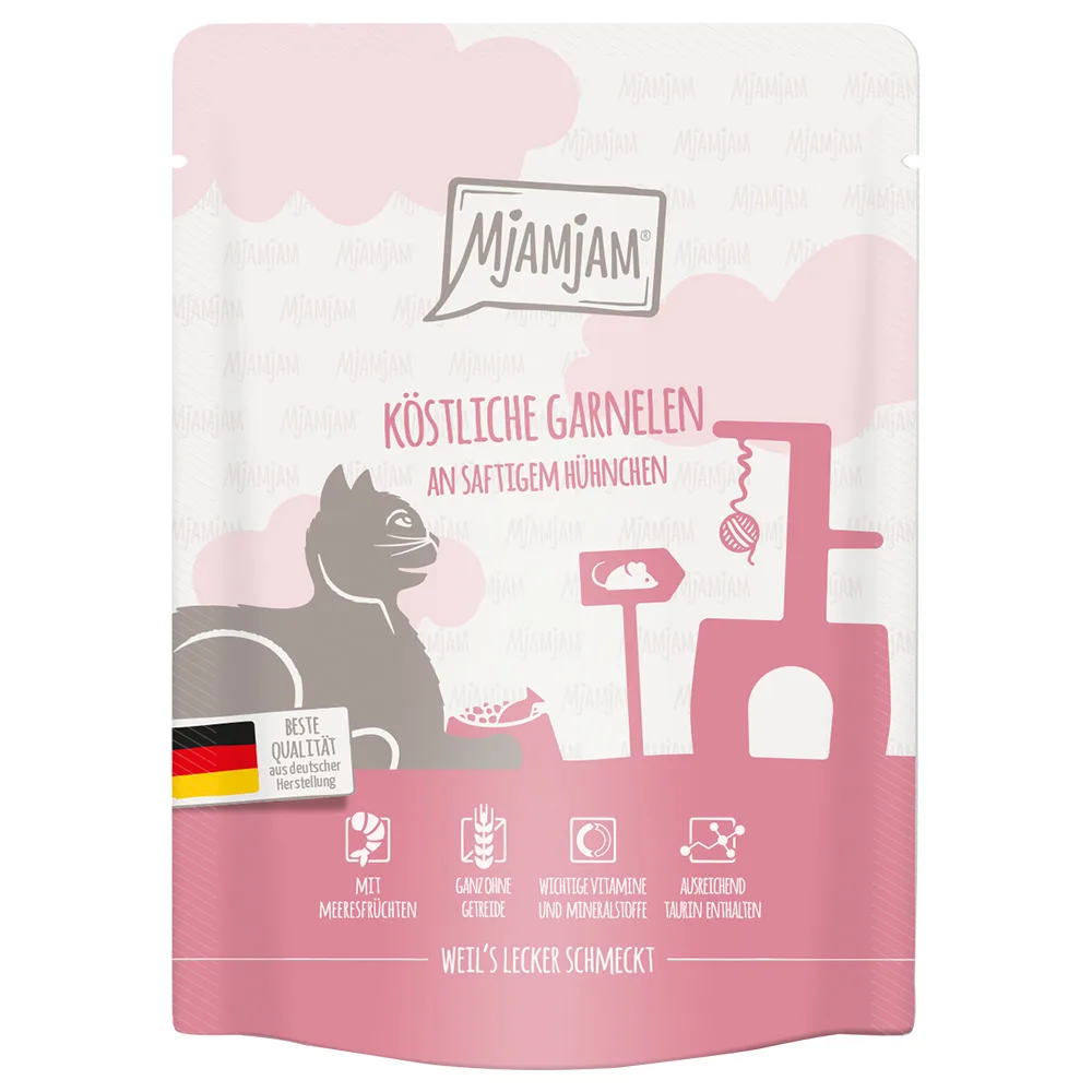 6x 300g MjAMjAM Squeeze Delicious Prawns on Juicy Chicken kattenvoer nat by MjAMjAM – product photo