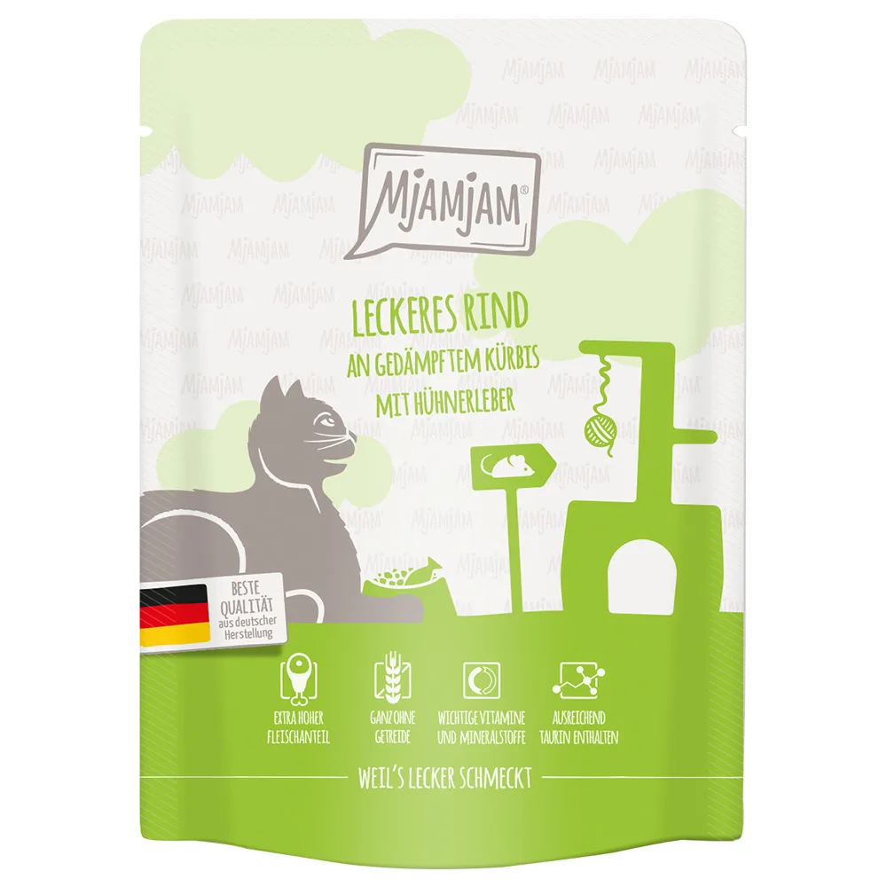 6x 300g MjAMjAM Squeeze Heerlijk Rundvlees op Gestoomde Pompoen Kattenvoer Nat van MjAMjAM – productfoto