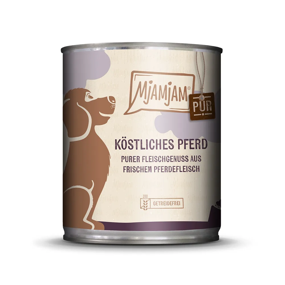 6x 800g MjAMjAM puur vlees genieten heerlijk puur paard nat hondenvoer van MjAMjAM – productfoto
