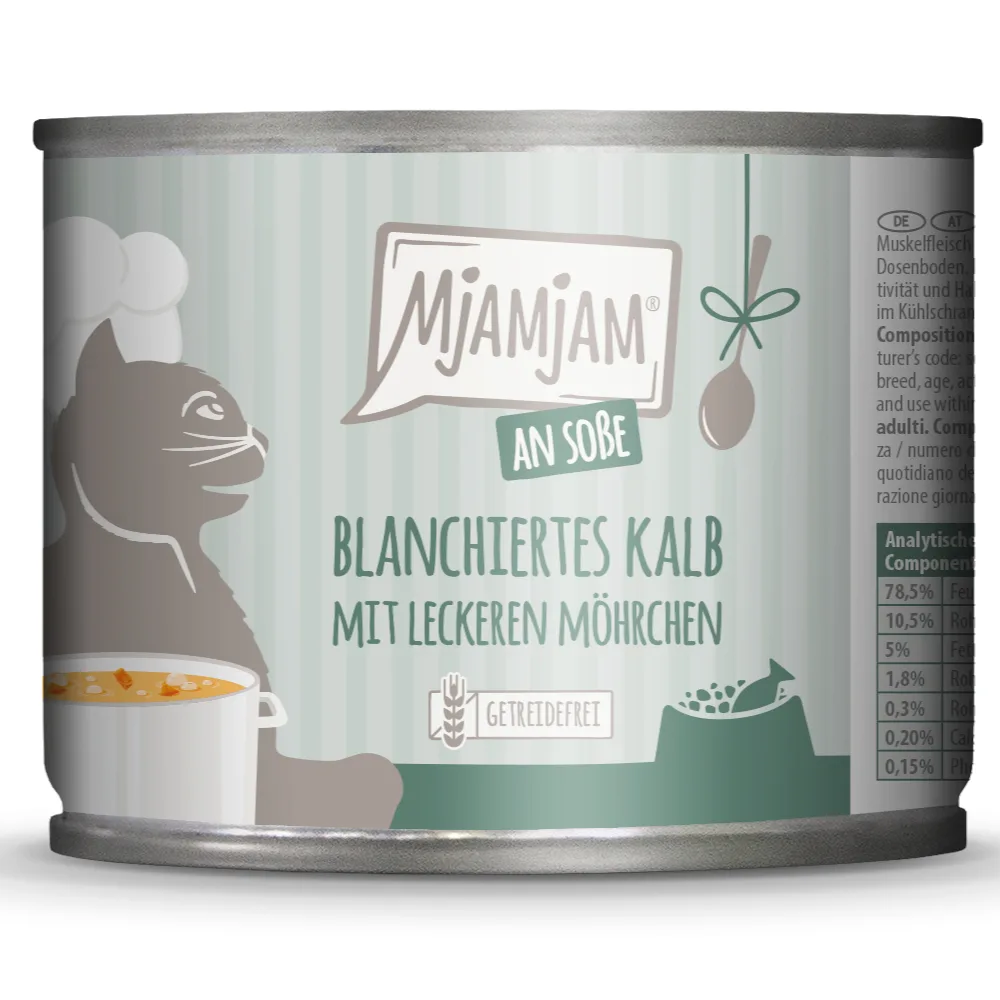 6x185g MjAMjAM in saus geblancheerd kalfsvlees met lekkere wortels nat kattenvoer van MjAMjAM – productfoto