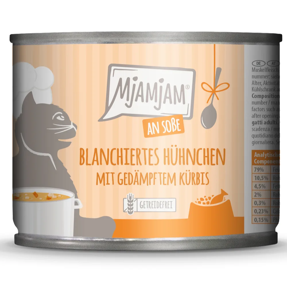 6x185g MjAMjAM in saus geblancheerde kip met gestoomde pompoen kattenvoer nat van MjAMjAM – productfoto