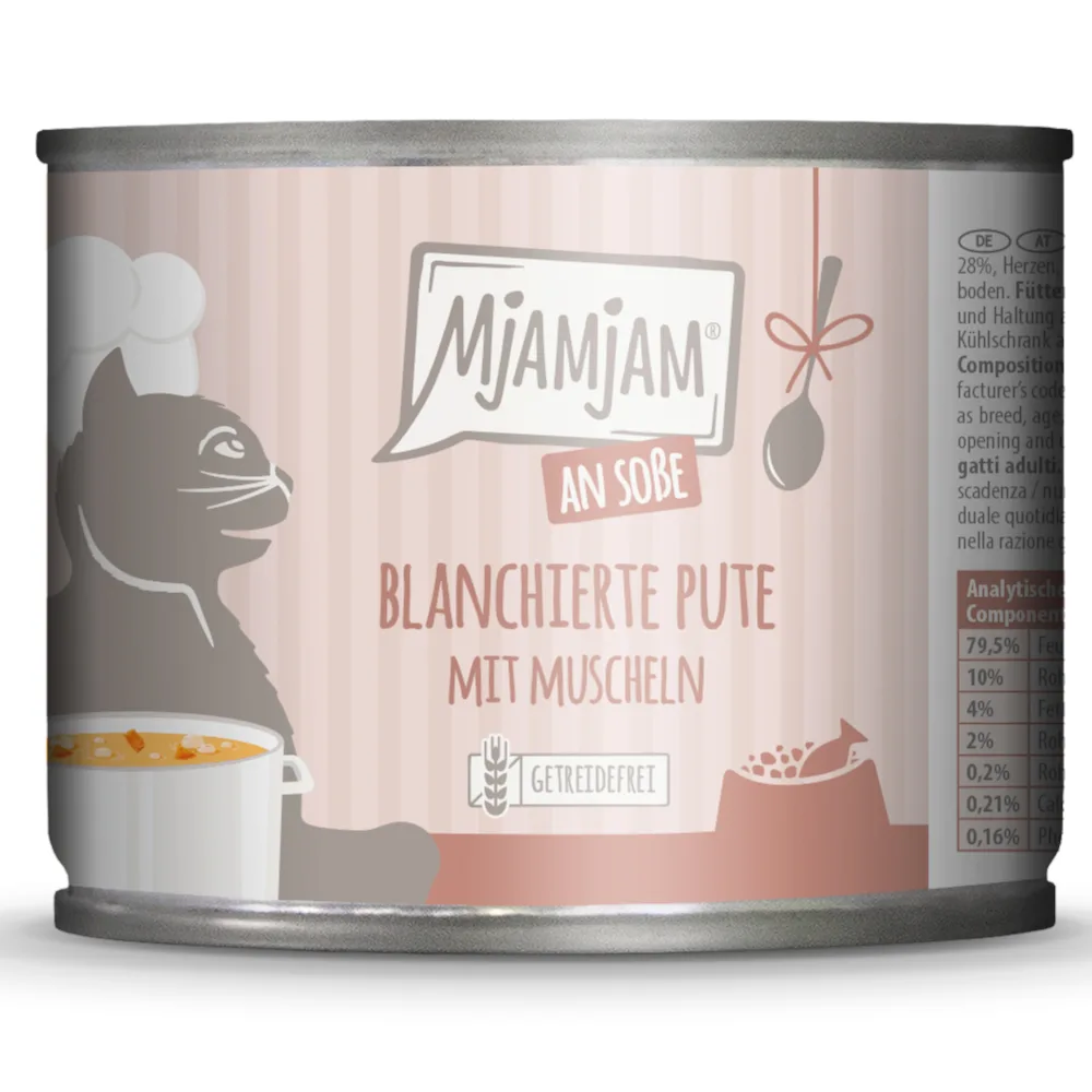 6x185g MjAMjAM op jus geblancheerde kalkoen met mosselen kattenvoer nat by MjAMjAM – product photo
