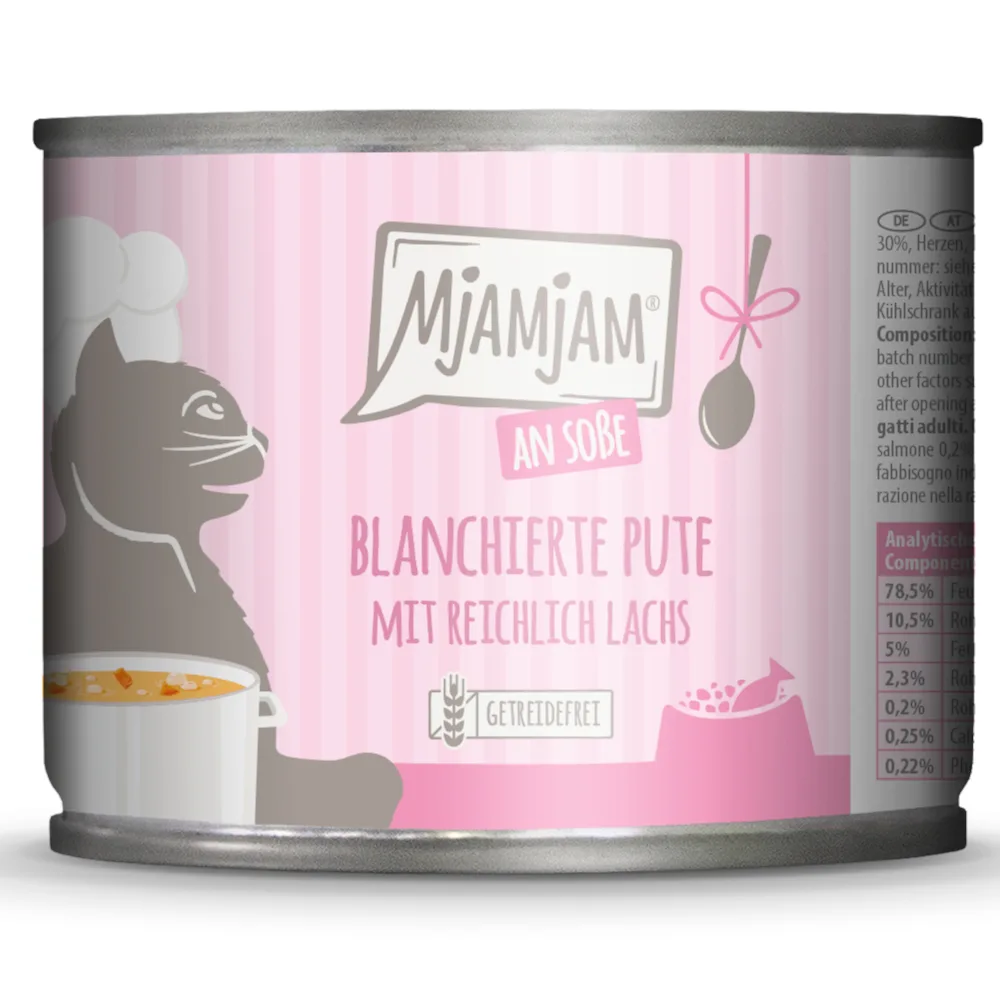 6x185g MjAMjAM op jus geblancheerde kalkoen met veel zalm kattenvoer nat van MjAMjAM – productfoto