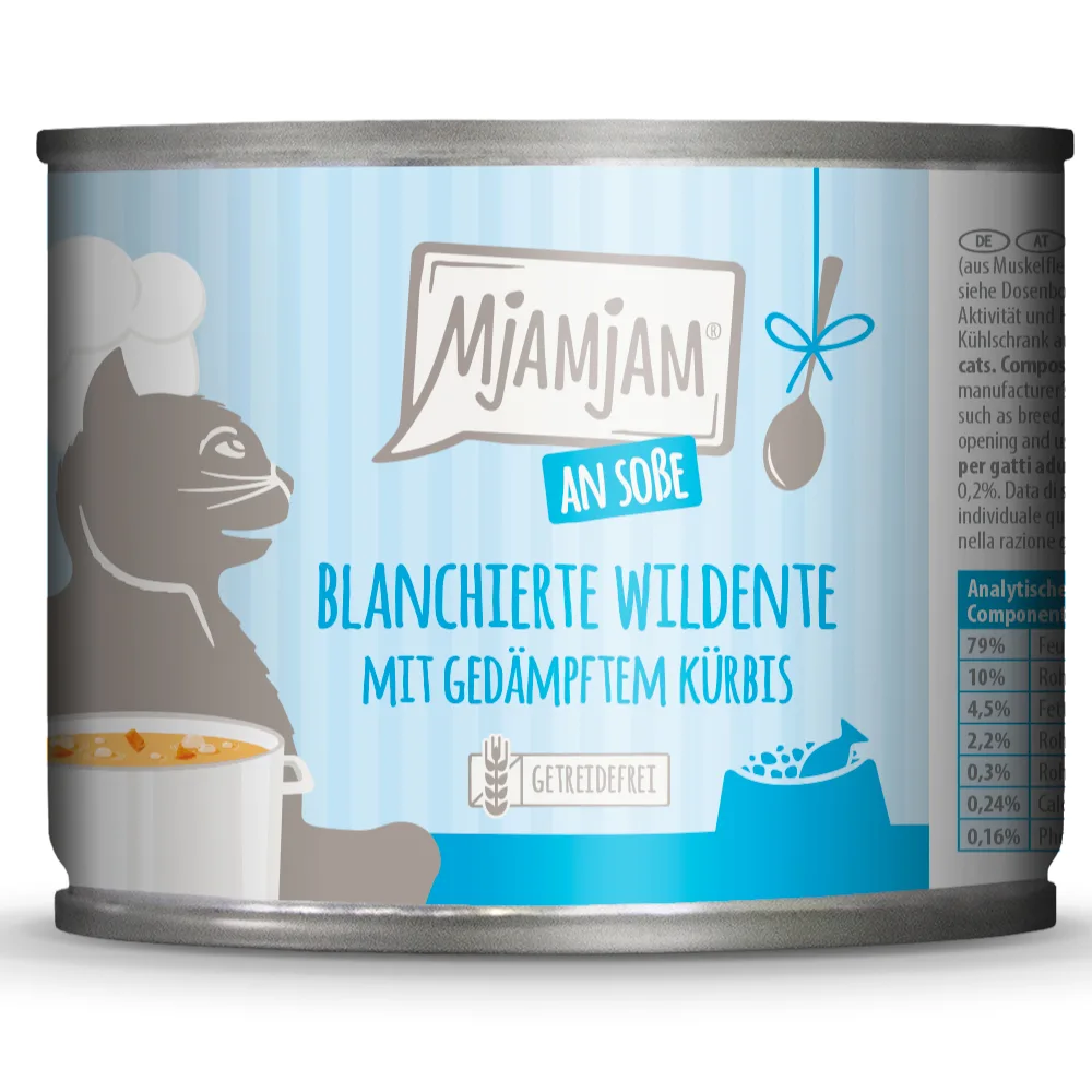6x185g MjAMjAM op Saus geblancheerde wilde eend met gestoomde pompoen kattenvoer nat by MjAMjAM – product photo