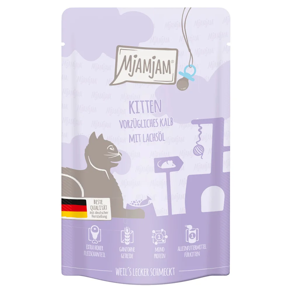 Economy Pack 24x125g MjAMjAM kitten Excellent Kalf met zalmolie nat kattenvoer de MjAMjAM – photo produit