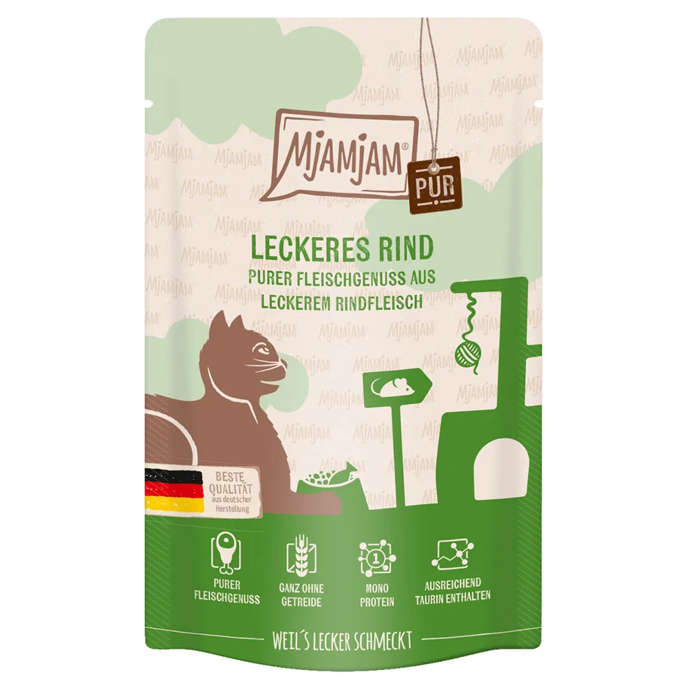 Economy Pack 24x125g MjAMjAM Quetschie Pure Meat Delight Delicious Pure Beef kattenvoer nat de MjAMjAM – photo produit